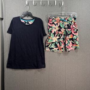 Cuddl Duds Cotton Core Scoop Tee and Shorts Pajama Set Navy/TropicLeaf, Small